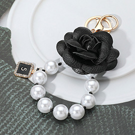 Faux Leather Rose Chunky Pearl Beaded Link Keychain / Bag Charm