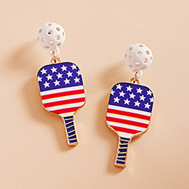 Enamel American USA Flag Pickleball Paddle Dangle Earrings