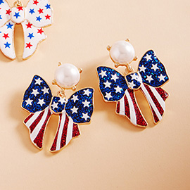 Enamel American USA Flag Bow Dangle Earrings