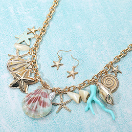 Seashell Starfish Puka Shell Coral Charm Embellished Statement Necklace