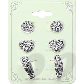 3Pairs - Antique Metal Disc Heart Hoop Earring Set