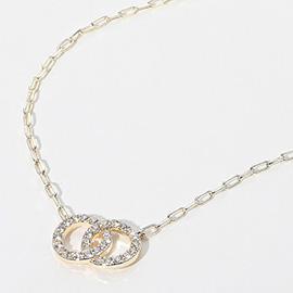 14K Gold Plated CZ Stone Paved Double Layered Circle Pendant Necklace