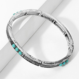Turquoise Stone Accented Antique Metal Stretch Bracelet
