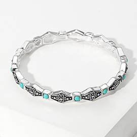 Turquoise Stone Accented Antique Metal Stretch Bracelet