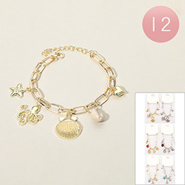 12PCS - Metal Seashell Starfish Octopus Heart Puka Shell Charm Station Paperclip Chain Bracelets