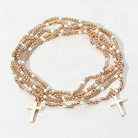 5PCS - Cross Charm Pointed Seed Beaded Stretch Multi Layered Bracelets