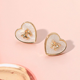 Metal Bow Pointed Pearl Heart Stud Earrings