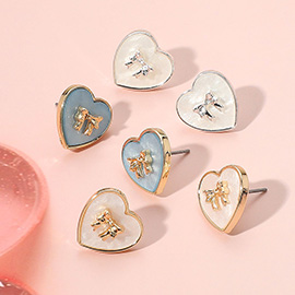 Metal Bow Pointed Pearl Heart Stud Earrings