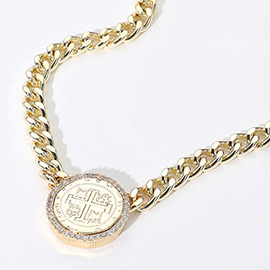 14K Gold Plated CZ Stone Paved Rim Medal Pointed Chain Necklace