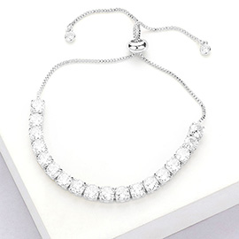 Stainless Steel Round CZ Stone Tennis Chain Pull Tie Adjustable Bracelet
