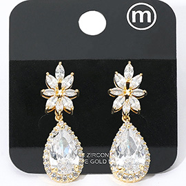 Gold Dipped CZ Marquise Stone Cluster Teardrop Dangle Evening Earrings