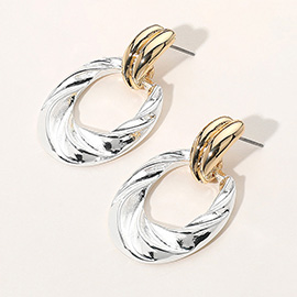 Two Tone Textured Metal Oval Doorknocker Earrings