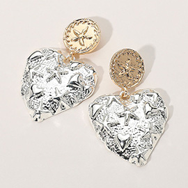 Two Tone Textured Metal Sand Dollar Pointed Starfish Embossed Heart Dangle Earrings