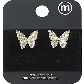 Gold Dipped CZ Stone Paved Butterfly Stud Earrings