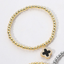 Reversible Stainless Steel Quatrefoil Charm Beaded Stretch Bracelet
