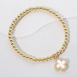 Reversible Stainless Steel Quatrefoil Charm Beaded Stretch Bracelet