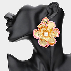 Oversized Pearl Pointed Enamel Painted Rim Hammered Metal Flower Earrings