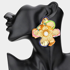 Oversized Pearl Pointed Enamel Painted Rim Hammered Metal Flower Earrings