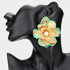 Oversized Pearl Pointed Enamel Painted Rim Hammered Metal Flower Earrings