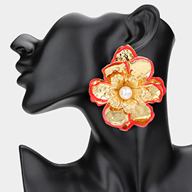 Oversized Pearl Pointed Enamel Painted Rim Hammered Metal Flower Earrings