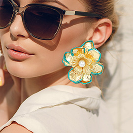 Oversized Pearl Pointed Enamel Painted Rim Hammered Metal Flower Earrings