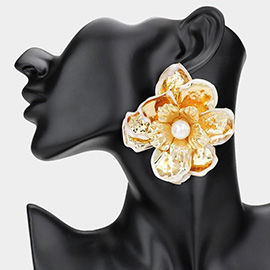 Oversized Pearl Pointed Enamel Painted Rim Hammered Metal Flower Earrings