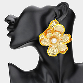 Oversized Pearl Pointed Enamel Painted Rim Hammered Metal Flower Earrings
