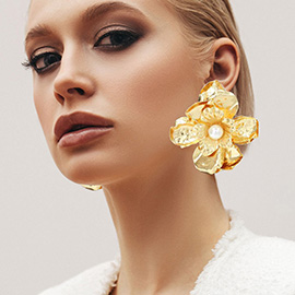 Oversized Pearl Pointed Hammered Metal Petal Flower Earrings