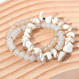 3PCS - Natural Stone Faceted Beaded Stretch Multi Layered Bracelets