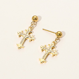 Stainless Steel Stone Paved Cross Dangle Earrings