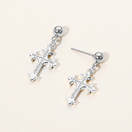 Stainless Steel Stone Paved Cross Dangle Earrings