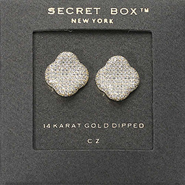 SECRET BOX_14K Gold Dipped CZ Stone Paved Quatrefoil Stud Earrings
