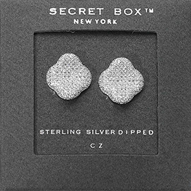SECRET BOX_Sterling Silver Dipped CZ Stone Paved Quatrefoil Stud Earrings