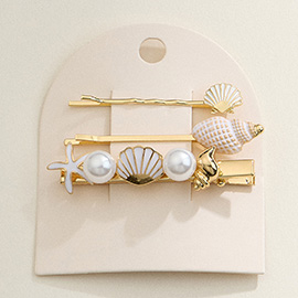3PCS - Enamel Sea Shell Pearl Starfish Pointed Bobbi Pins Alligator Snap Hair Clips