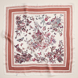 Butterfly Flower Garden Printed Square Silky Satin Scarf