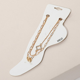 2PCS - Stone Paved Open Quatrefoil Pointed Paperclip Chain Toggle Anklets