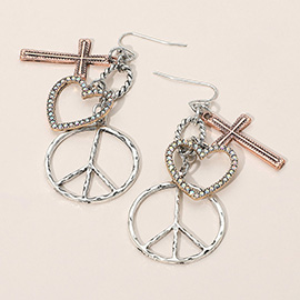 Stone Paved Open Heart Metal Cross Peace Dangle Earrings