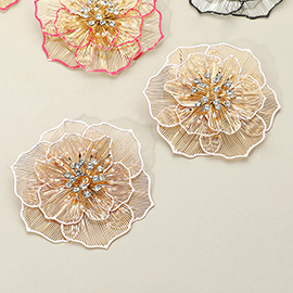 Oversized Pearl Rhinestone Bud Pointed Enamel Rim Metal Cutout Flower Earrings