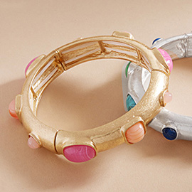 Natural Stone Pointed Brushed Metal Stretch Bracelet