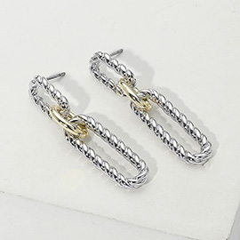 14K Gold Plated Two Tone Twisted Oval Link Drop Earrings