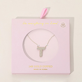 -T- 14K Gold Dipped CZ Stone Paved Initial Pendant Necklace