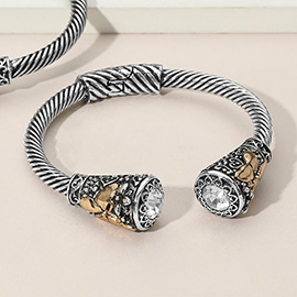 Round Stone Tip Butterfly Flower Embossed Antique Metal Hinged Cuff Bracelet