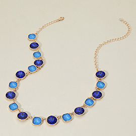 Round Square Stone Bezel Cluster Link Necklace