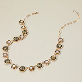Round Square Stone Bezel Cluster Link Necklace