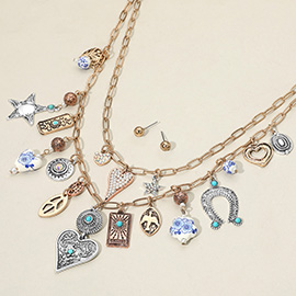 2PCS - Western Turquoise Heart Horseshoe Pearl Star Peace Charm Station Necklaces