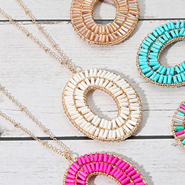 Cylinder Beaded Oval Ring Pendant Long Necklace
