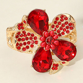 Glass Stone Pearl Embellished Flower Hinged Bangle Bracelet