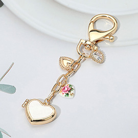 Mother of Pearl Heart Locket Floral Ceramic Ball Charm Drop Keychain / Bag Charm