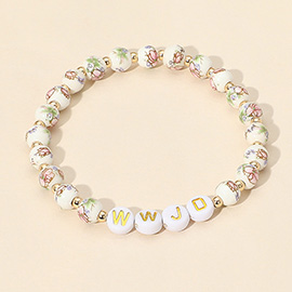 WWJD Message Floral Ceramic Ball Beaded Stretch Bracelet