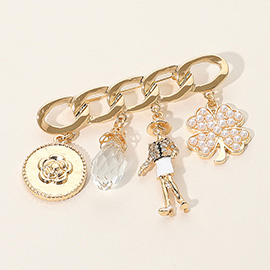 SECRET BOX_Lady Flower Embossed Medal Stone Cluster Pearl Paved Clover Charm Pin Brooch